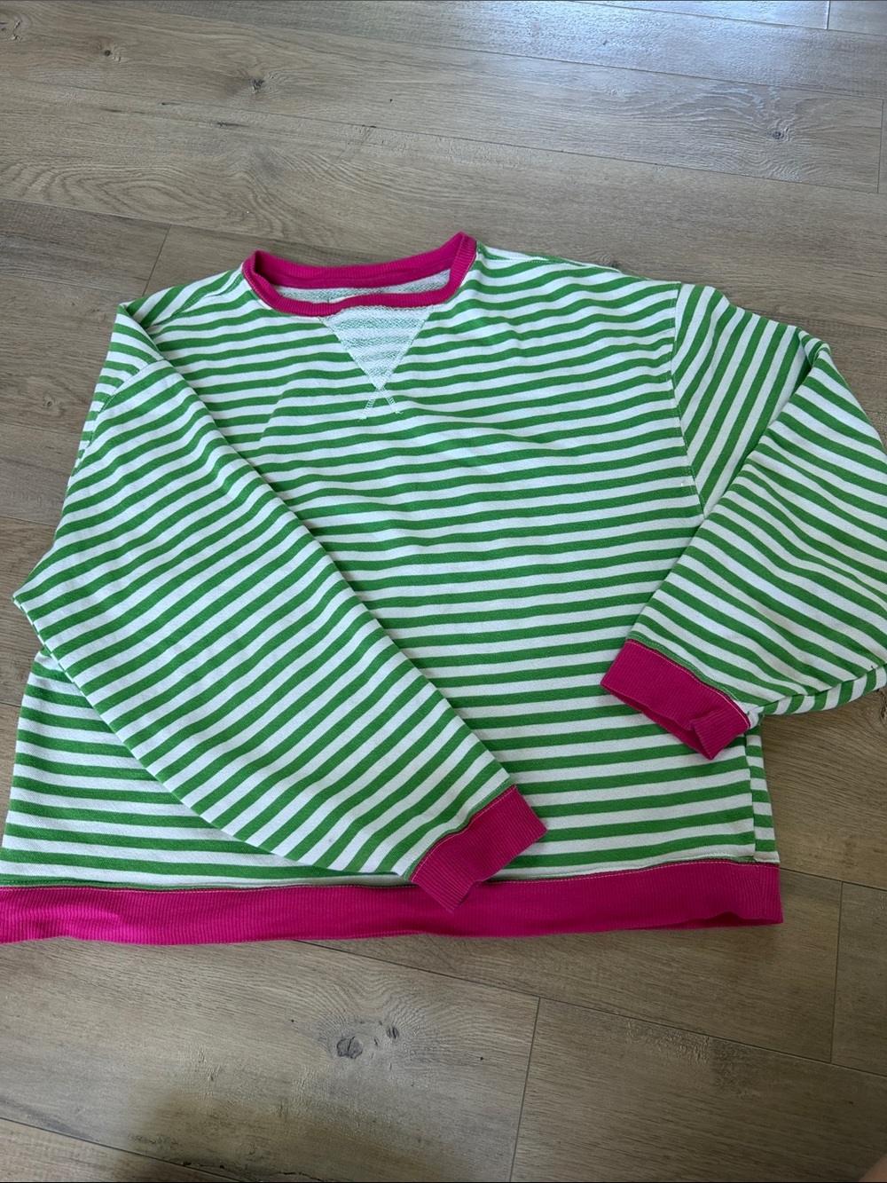 We The Free Green and White Striped Top with Hot Pink Trim